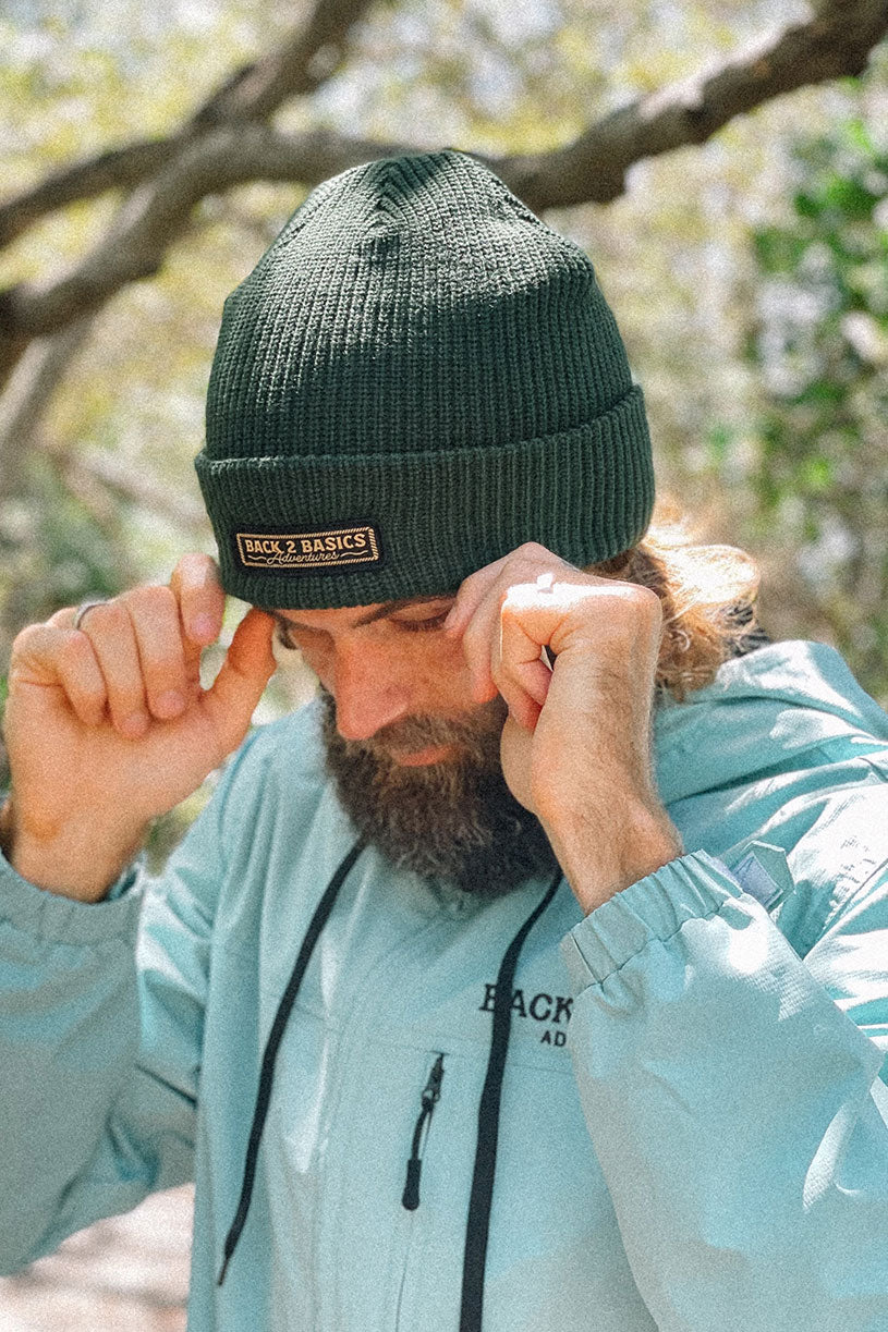 Wearing the back 2 basics beanie in forest green 