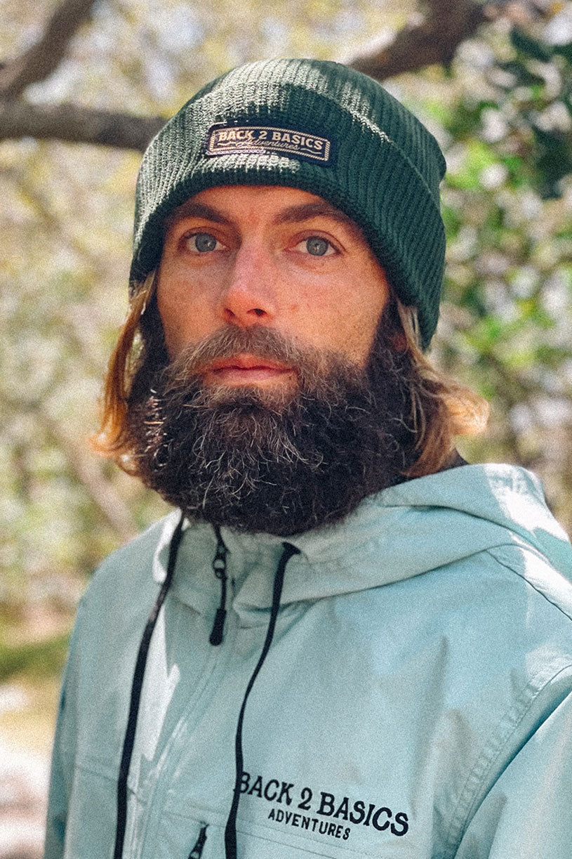 Wearing the back 2 basics beanie in forest green 