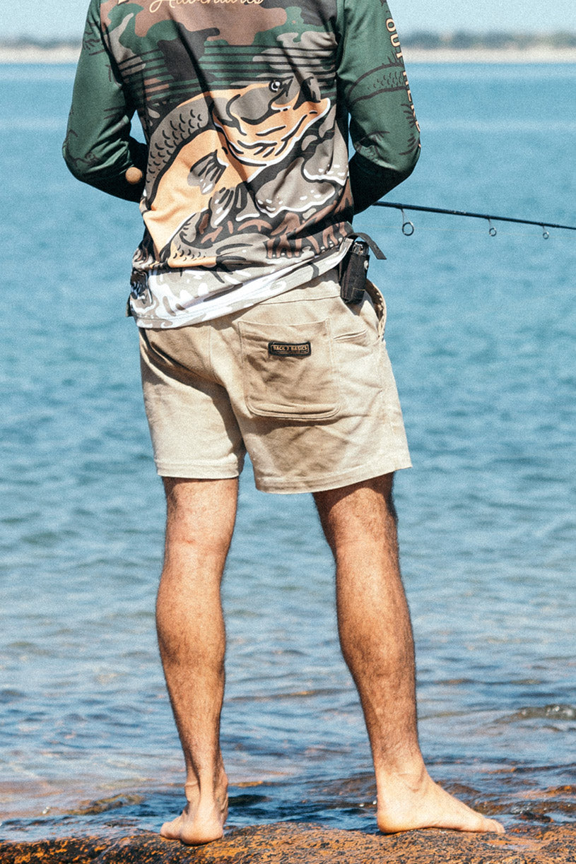 back 2 basics heavy duty cottom shorts while fishing