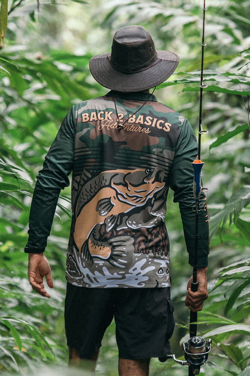 az from back 2 basics in a camo fishing jersey